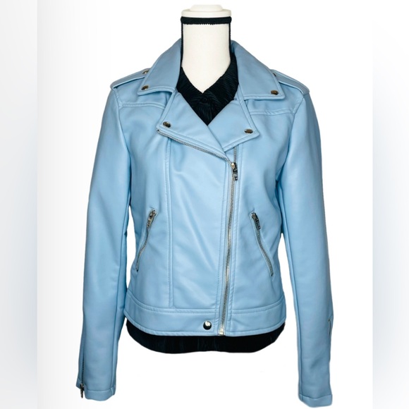 $98 NWT Blank NYC Good Vibes Blue Vegan Leather Moto Jacket Size S - Picture 2 of 10